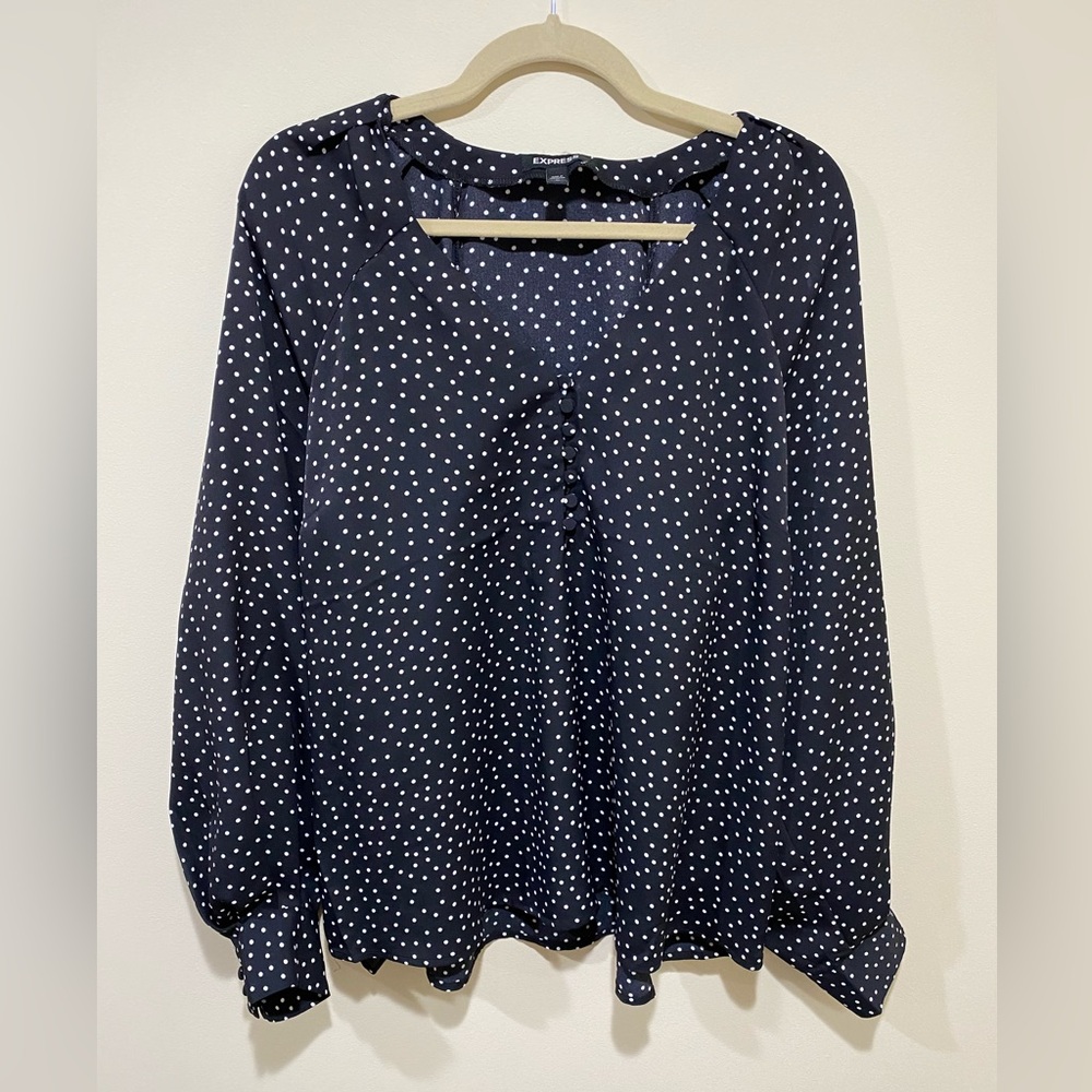 Express Black and White Polkadot V-neck Blouse with Button Details